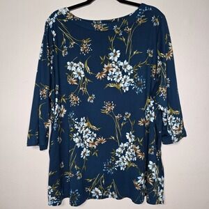Susan Graver Womens 3X Blue Floral 3/4 Sleeve Top Dark Cottagecore Relaxed